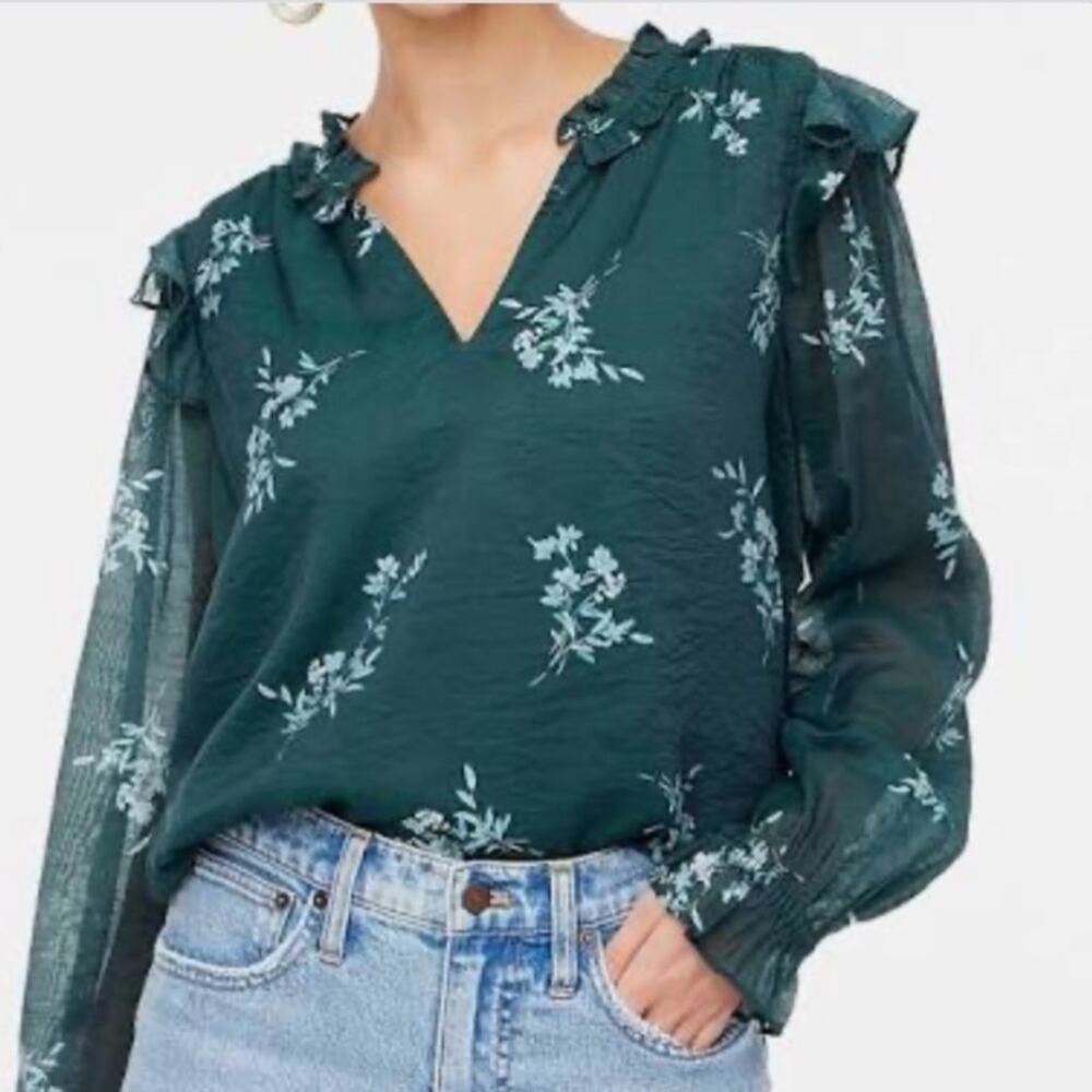 NWT J CREW Green Floral Ruffle Collar Long Sleeve Lined Top BK428 Shirt SMALL
